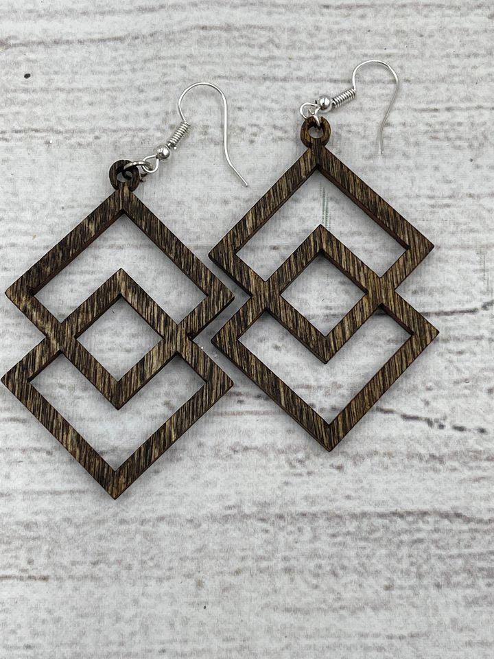 WOOD EARRINGS DOUBLE SIDEWAYS SQUARE BASEBALL DOUBLE DIAMOND DESIGN FASHIONABLE!