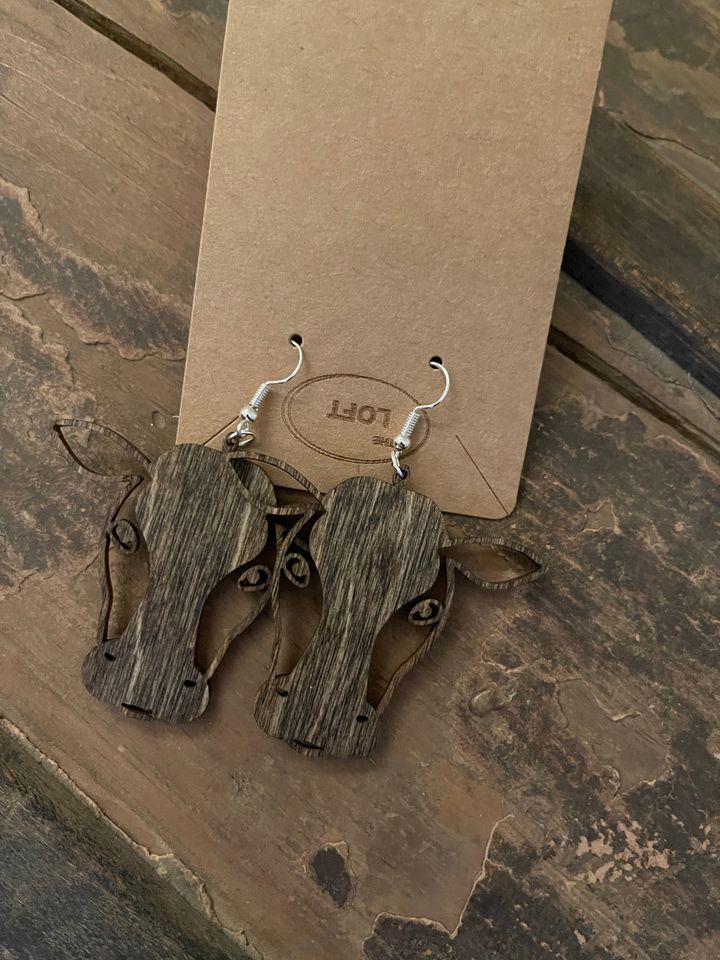Cow Head Farm Girl Wooden Laser Engraved Earrings - Whimsical & Fun!