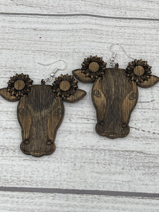 SUNFLOWER COW EARRINGS WOOD Unique Laser Cut and Design COW and Sun Flower Ear Rings More Cow!
