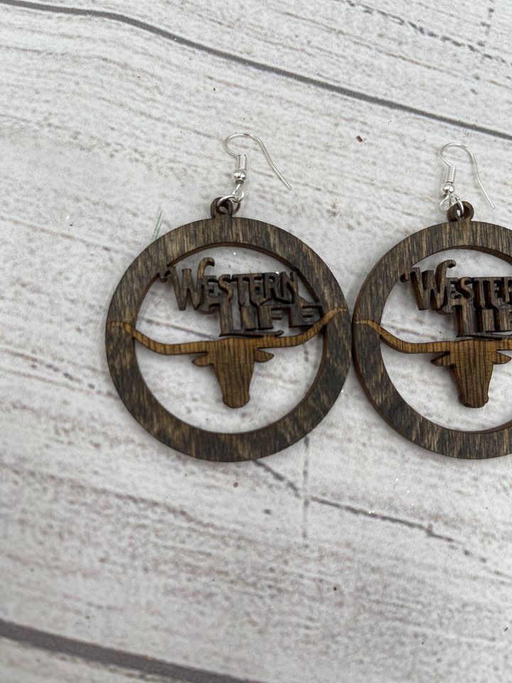 Western Life Longhorn Cow Wood Earrings