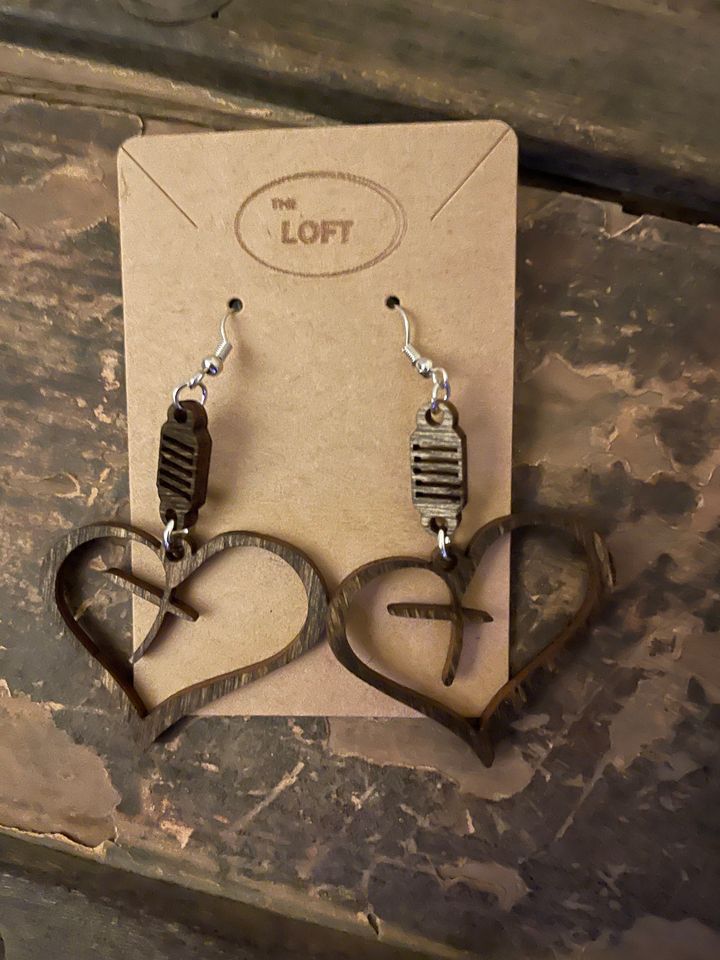 Wooden Heart & Cross Dangling Earrings - Laser Cut - Hypoallergenic