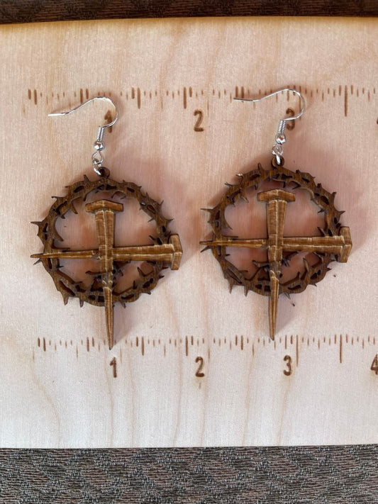 Crown of Thorns and Cross of Nails Wooden Religious Christian Dangling Earrings