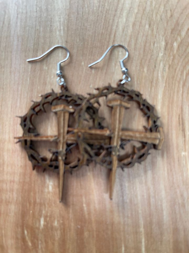 Crown of Thorns and Cross of Nails Wooden Religious Christian Dangling Earrings