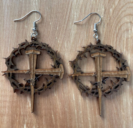 Crown of Thorns and Cross of Nails Wooden Religious Christian Dangling Earrings
