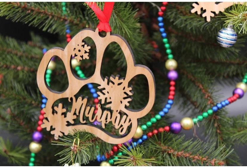 Wood Pet Paw Personalized Name Christmas Ornament for Fur Baby