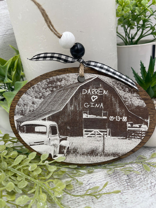 Personalized Barn & Truck Laser Engraved Christmas Ornament Unique Wedding Anniversary Gift