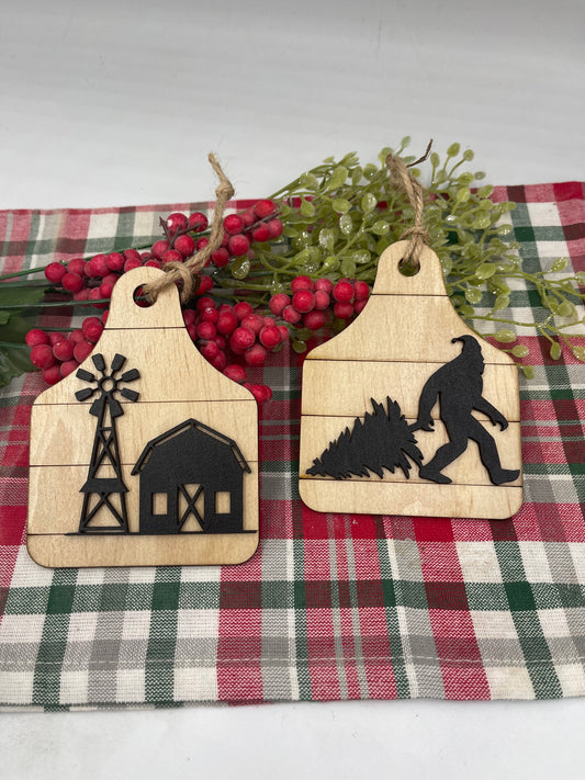 COW EAR TAG Ornaments Farmhouse Barn Christmas Ornament Bigfoot Ornament Sasquatch Ornament Farm Gift Farmhouse Style Ear Tag Ornament