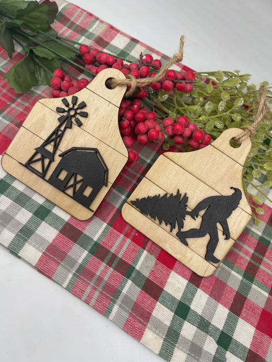 COW EAR TAG Ornaments Farmhouse Barn Christmas Ornament Bigfoot Ornament Sasquatch Ornament Farm Gift Farmhouse Style Ear Tag Ornament