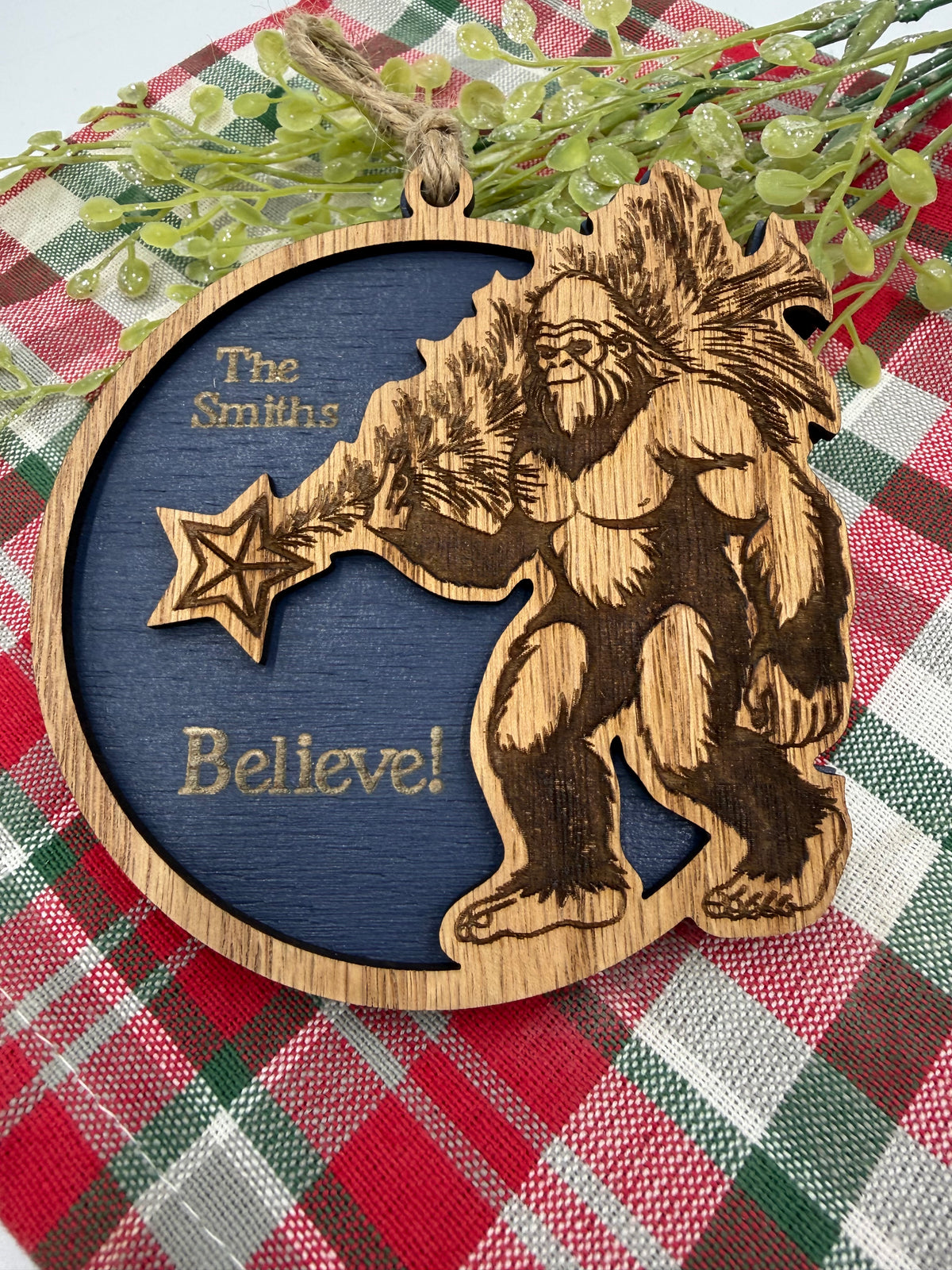 Personalized Bigfoot Believe Christmas Ornament – Wooden Sasquatch Family Name Gift