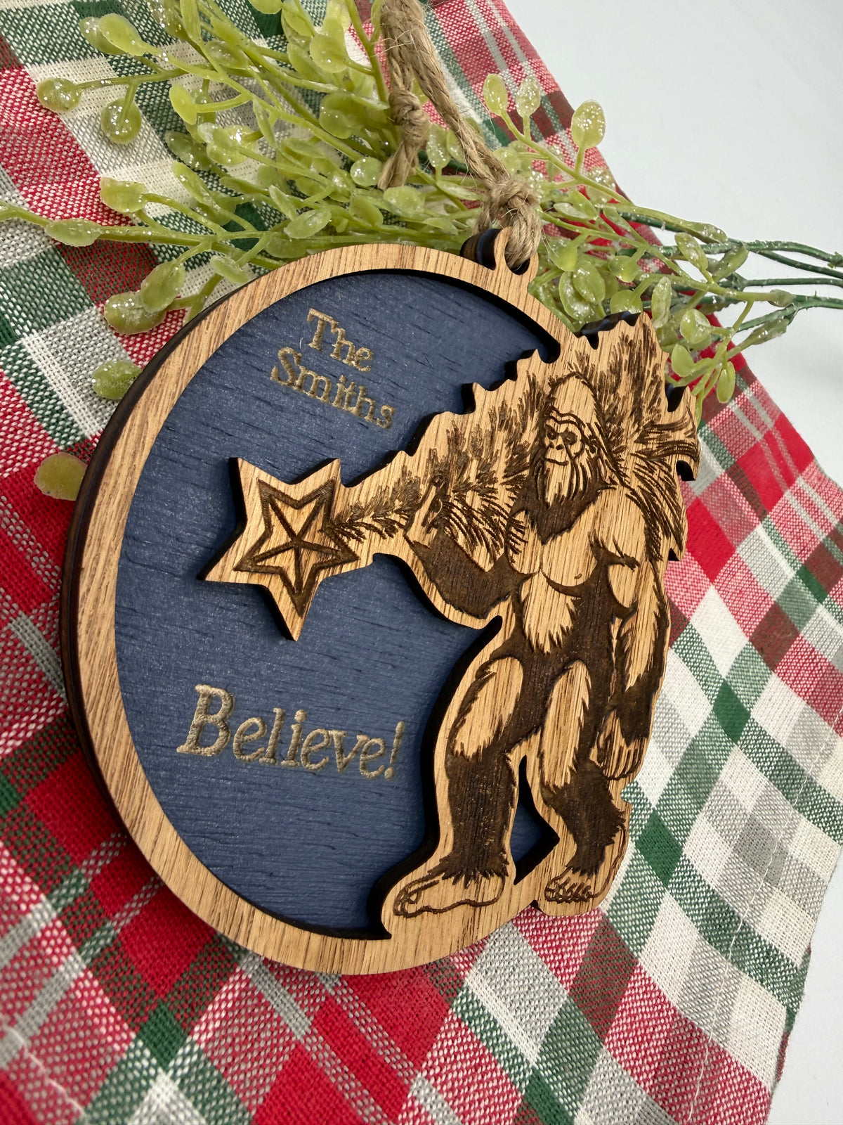 Personalized Bigfoot Believe Christmas Ornament – Wooden Sasquatch Family Name Gift