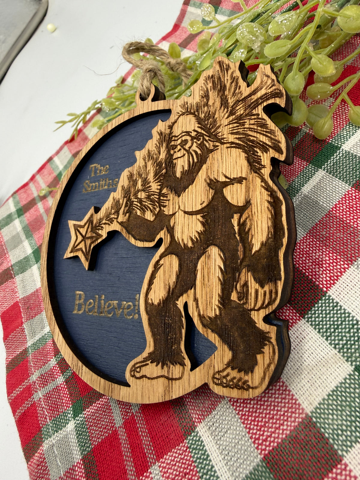 Personalized Bigfoot Believe Christmas Ornament – Wooden Sasquatch Family Name Gift