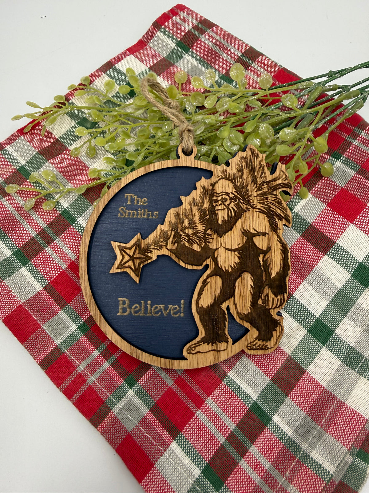 Personalized Bigfoot Believe Christmas Ornament – Wooden Sasquatch Family Name Gift