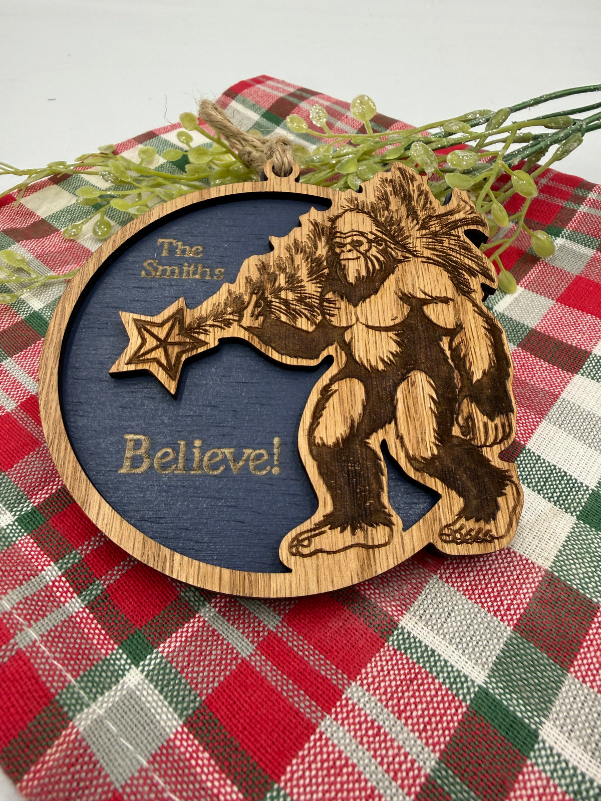 Personalized Bigfoot Believe Christmas Ornament – Wooden Sasquatch Family Name Gift