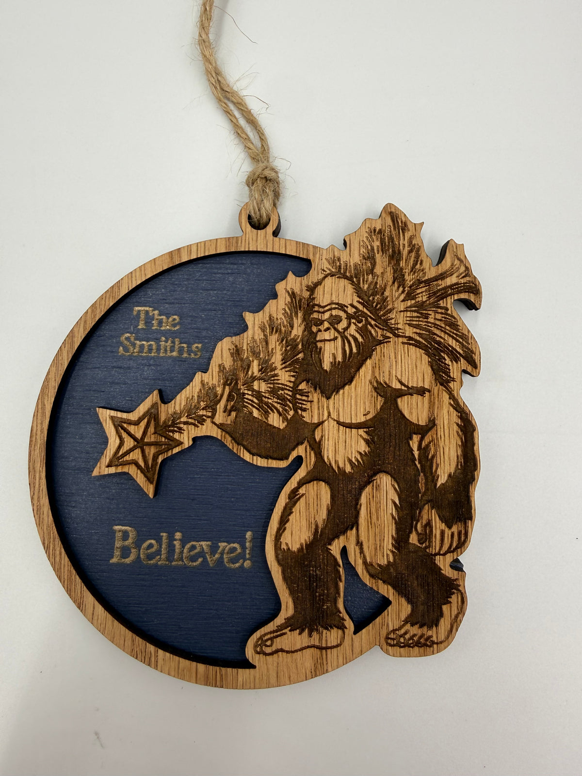 Personalized Bigfoot Believe Christmas Ornament – Wooden Sasquatch Family Name Gift