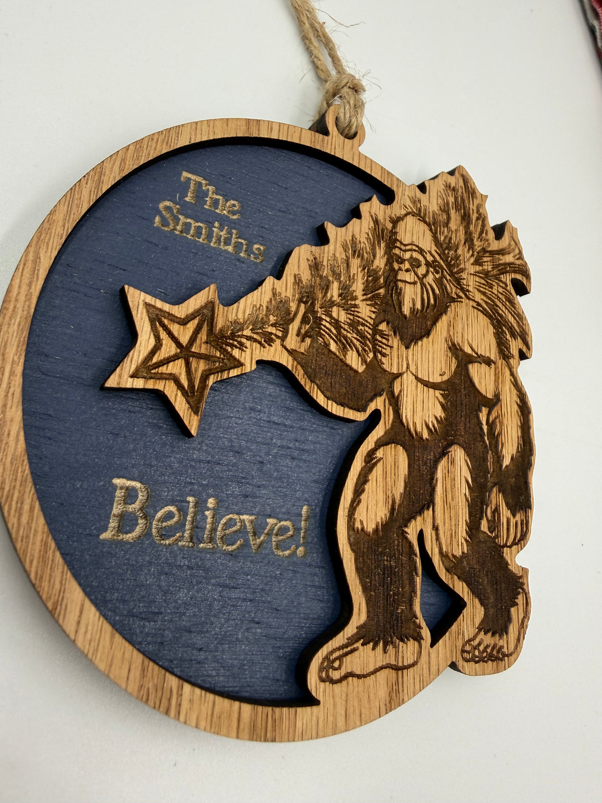 Personalized Bigfoot Believe Christmas Ornament – Wooden Sasquatch Family Name Gift
