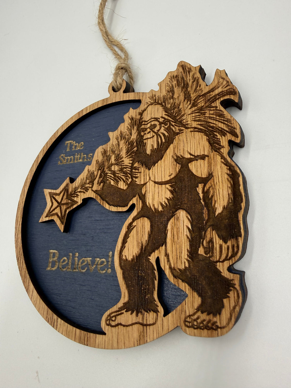 Personalized Bigfoot Believe Christmas Ornament – Wooden Sasquatch Family Name Gift