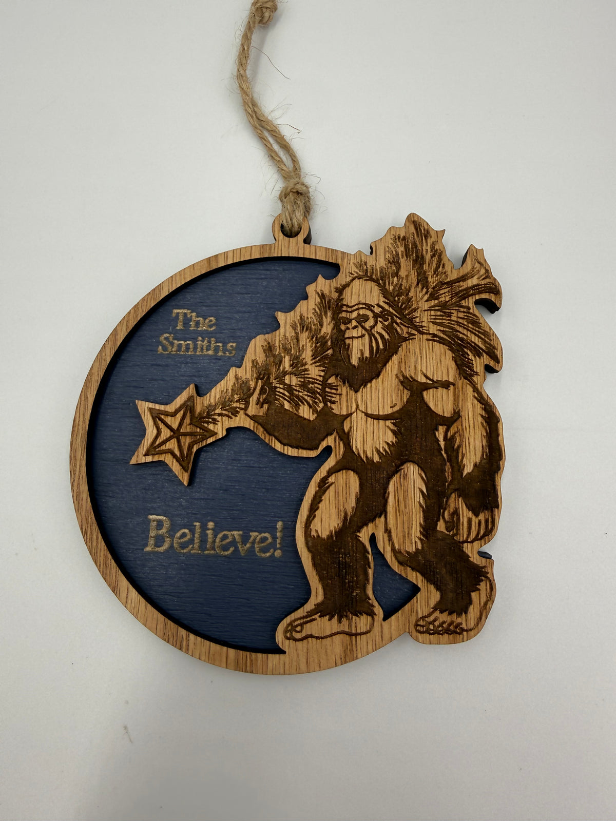 Personalized Bigfoot Believe Christmas Ornament – Wooden Sasquatch Family Name Gift
