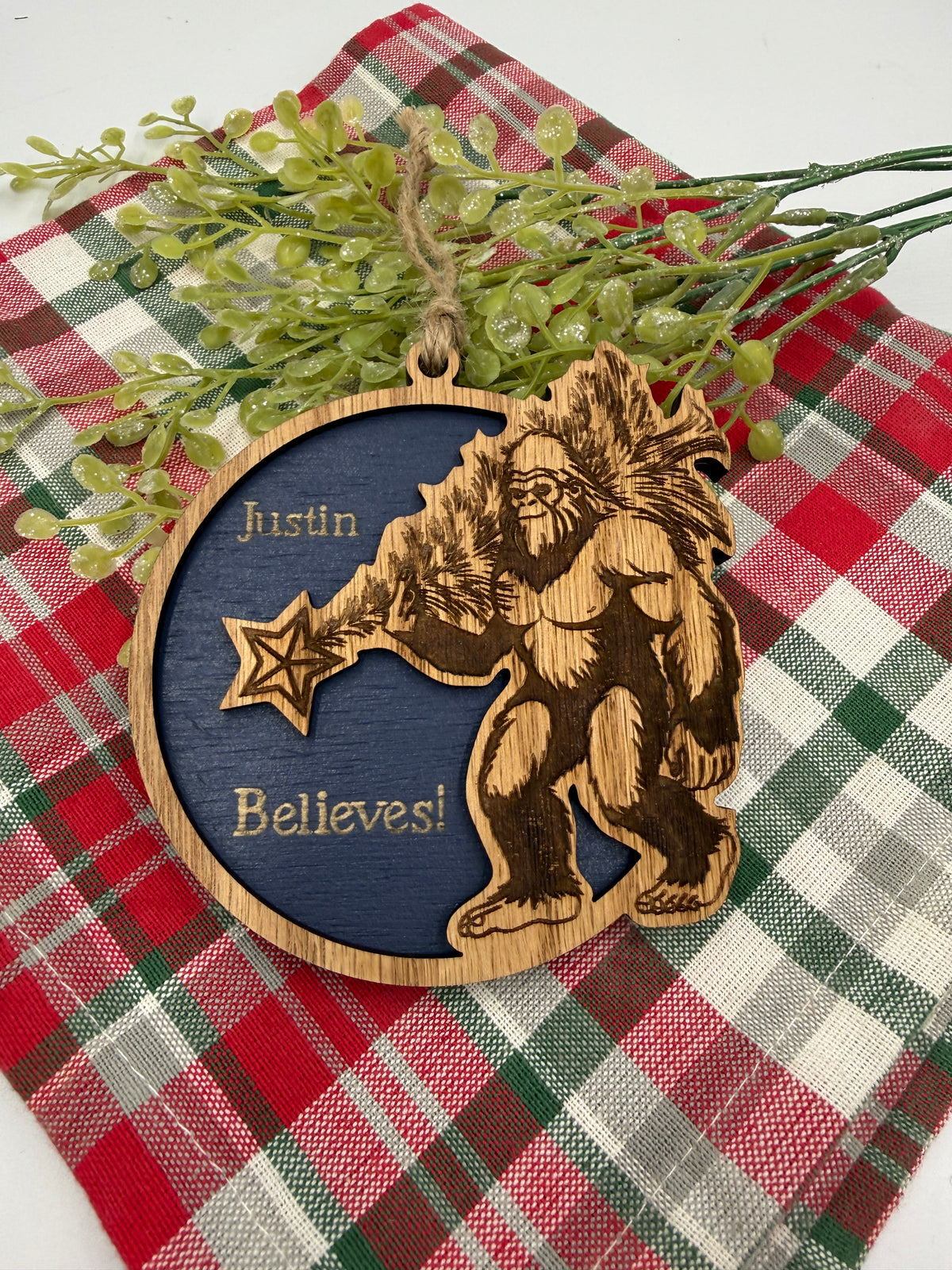 Personalized Bigfoot Believe Christmas Ornament – Wooden Sasquatch Family Name Gift