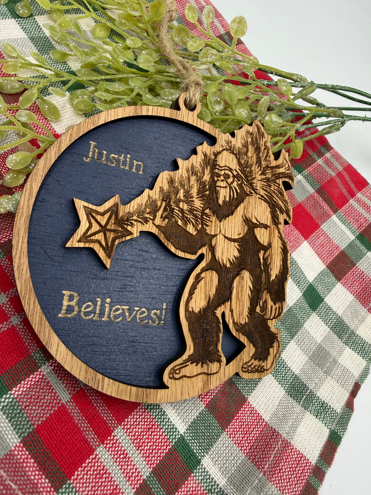 Personalized Bigfoot Believe Christmas Ornament – Wooden Sasquatch Family Name Gift