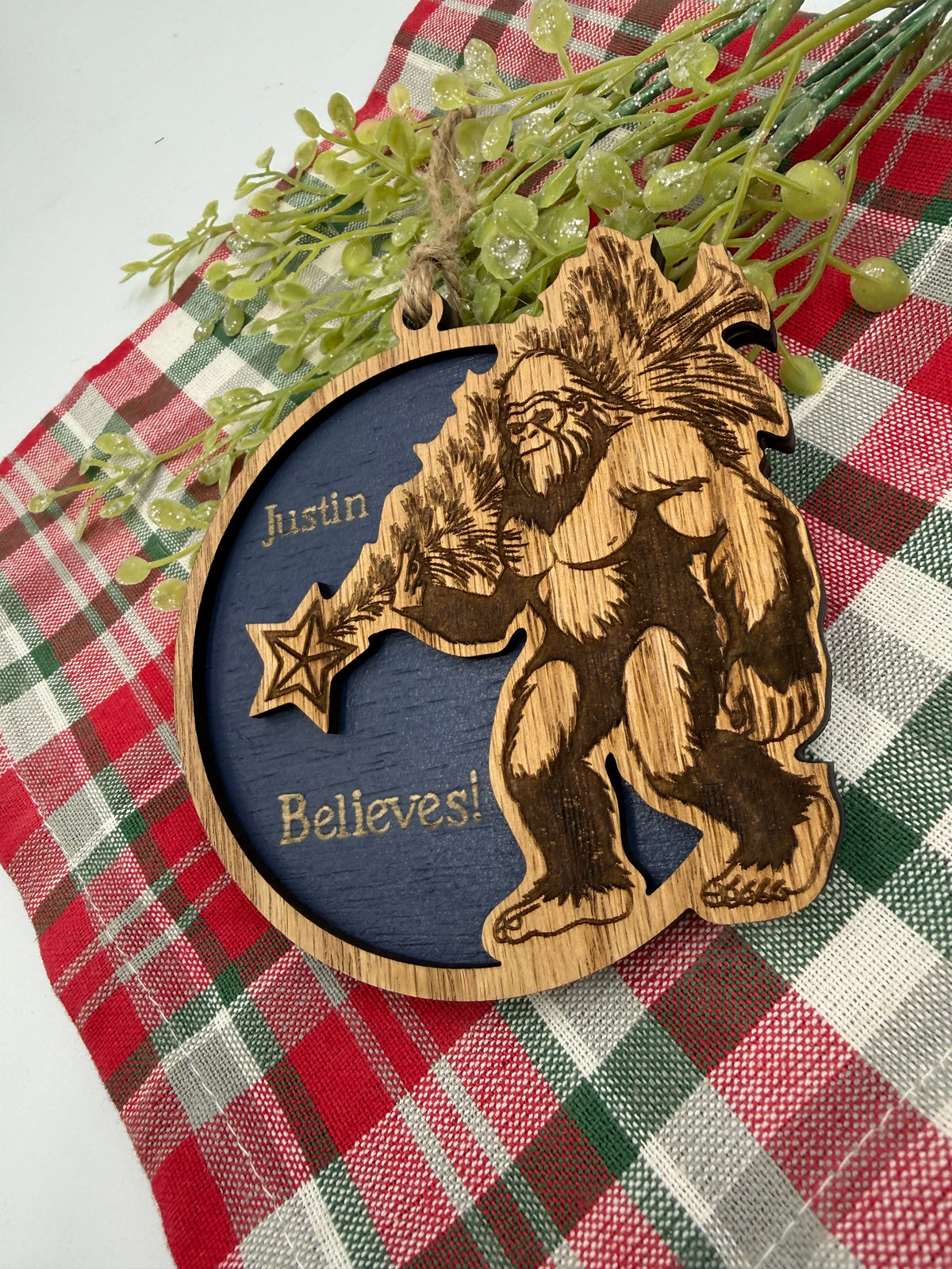 Personalized Bigfoot Believe Christmas Ornament – Wooden Sasquatch Family Name Gift