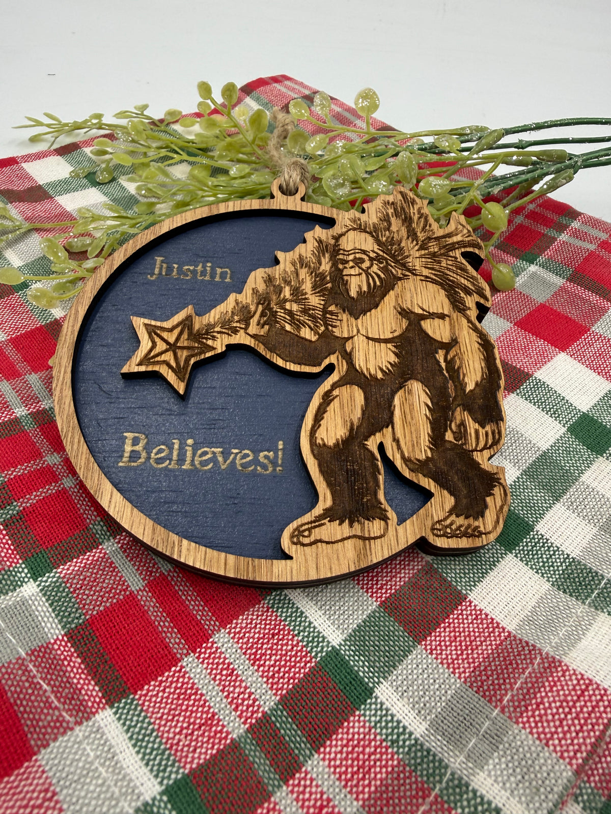 Personalized Bigfoot Believe Christmas Ornament – Wooden Sasquatch Family Name Gift