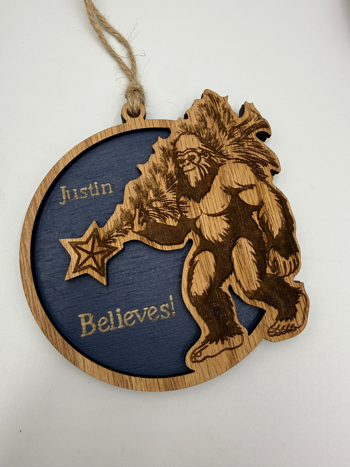 Personalized Bigfoot Believe Christmas Ornament – Wooden Sasquatch Family Name Gift
