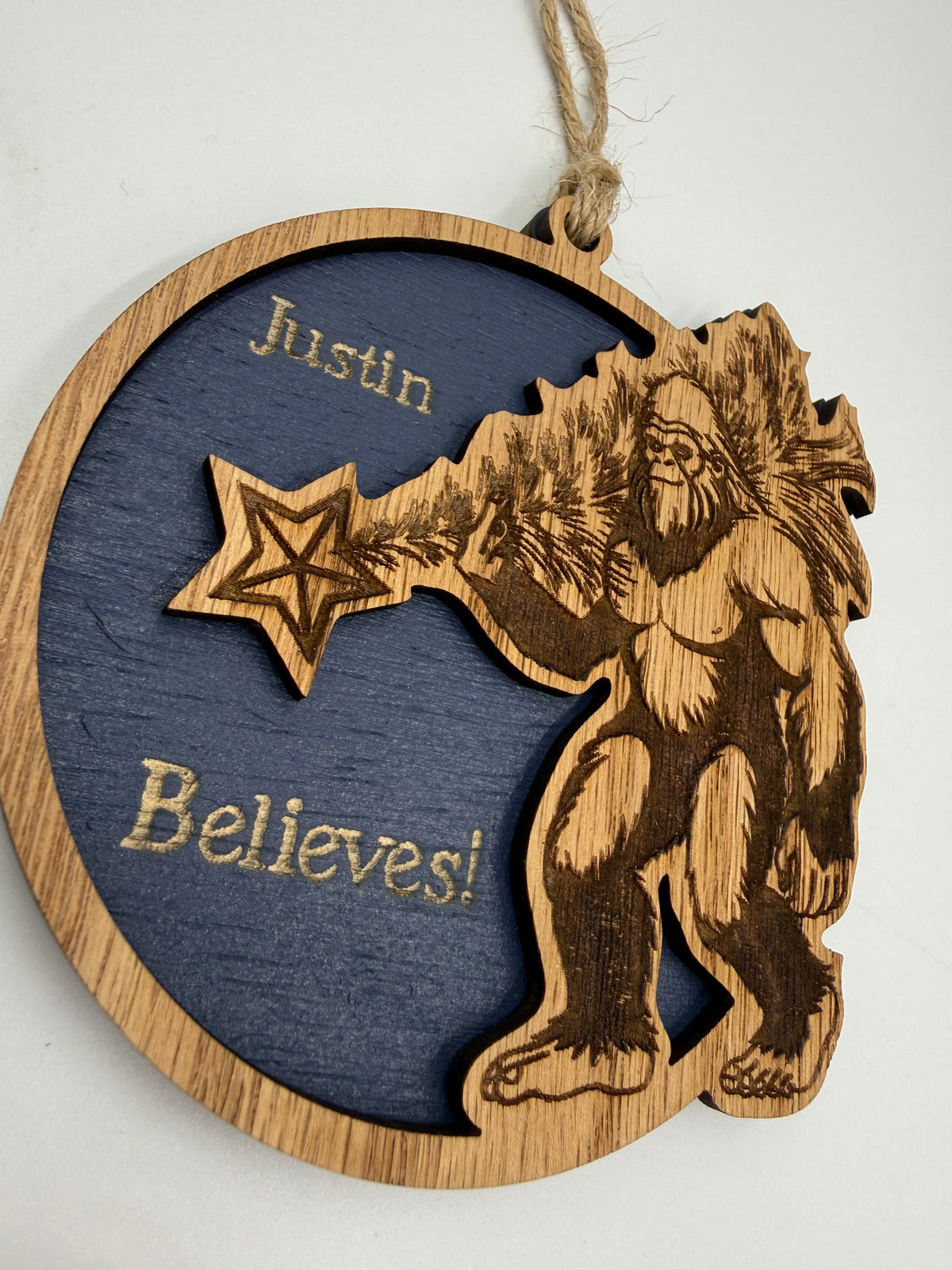 Personalized Bigfoot Believe Christmas Ornament – Wooden Sasquatch Family Name Gift