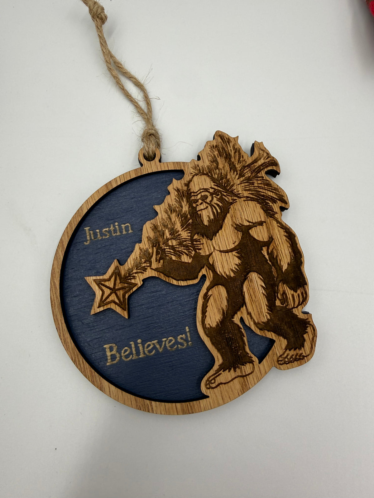 Personalized Bigfoot Believe Christmas Ornament – Wooden Sasquatch Family Name Gift