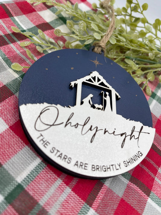 Engraved Nativity Scene Wooden Christmas Ornament: O Holy Night