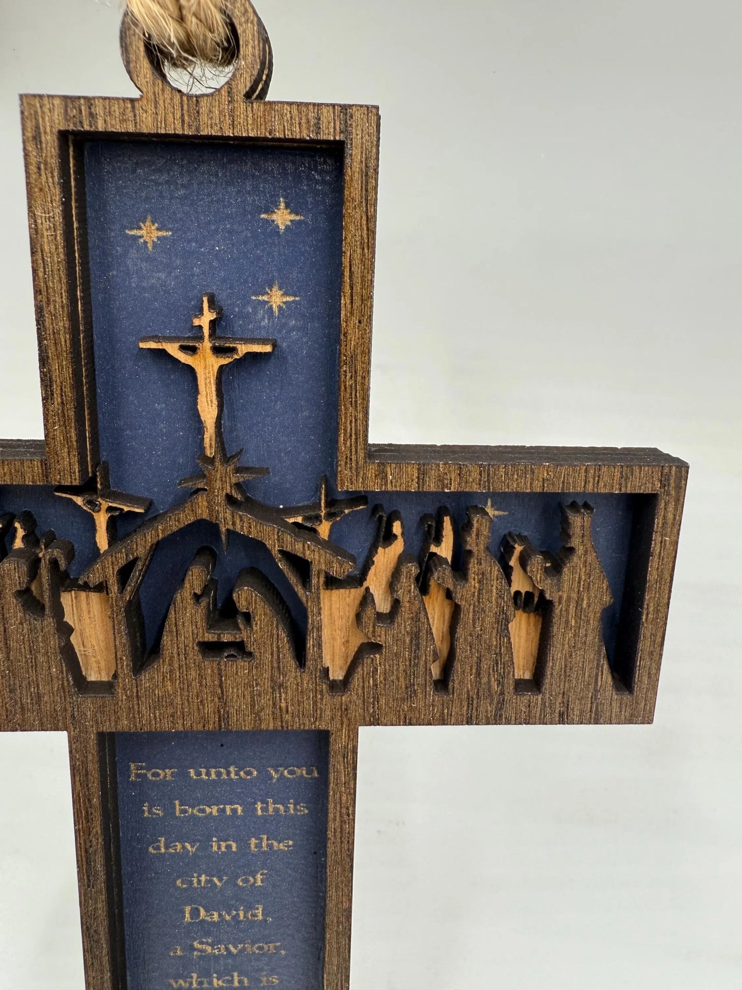 Nativity Cross Scripture with Cross in Background 3 layers dimensional Christmas Ornament - Religious Luke 2:11