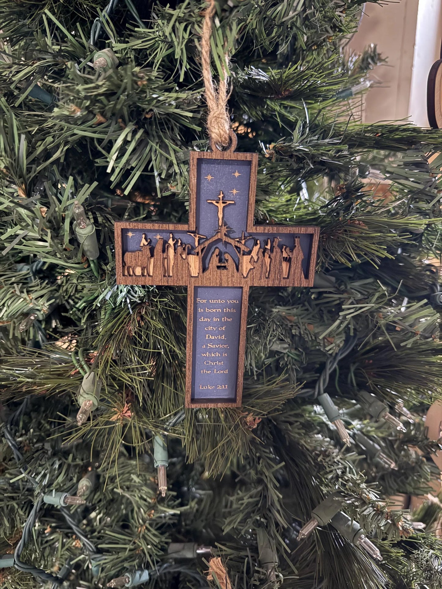 Nativity Cross Scripture with Cross in Background 3 layers dimensional Christmas Ornament - Religious Luke 2:11