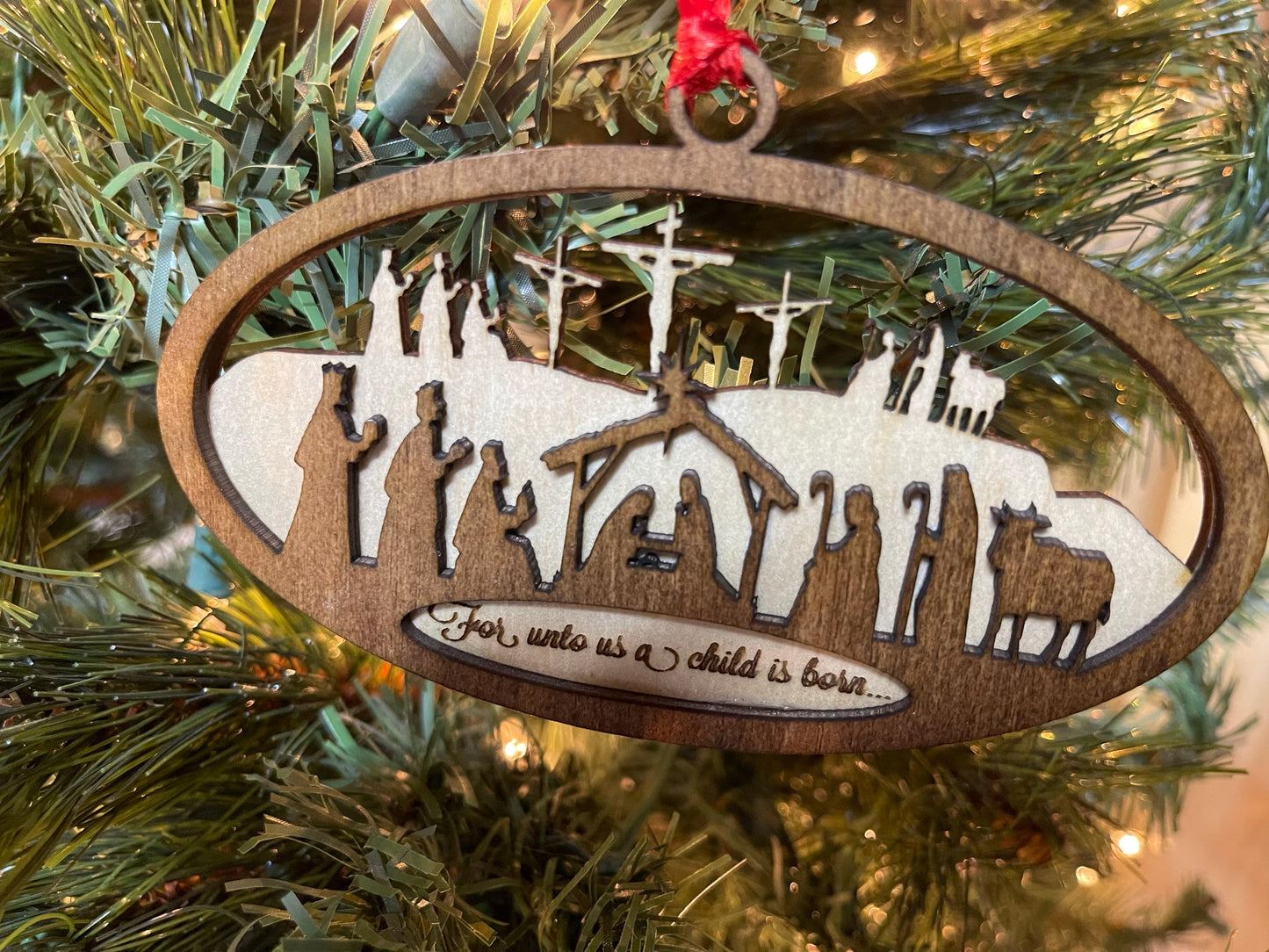 Nativity Ornament From the Manger to the Cross Christmas Wood Ornament Natural Wood