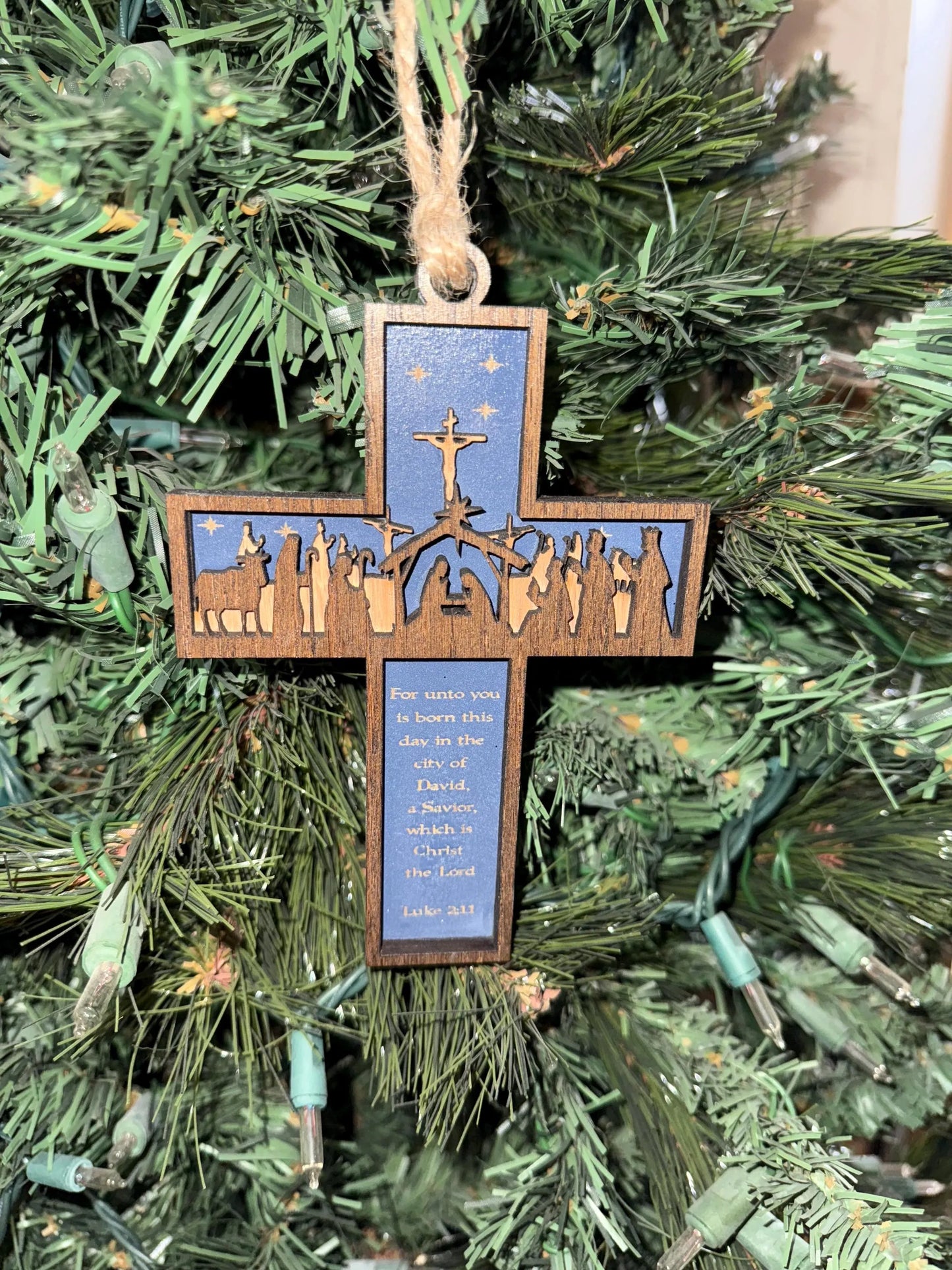 Nativity Cross Scripture with Cross in Background 3 layers dimensional Christmas Ornament - Religious Luke 2:11