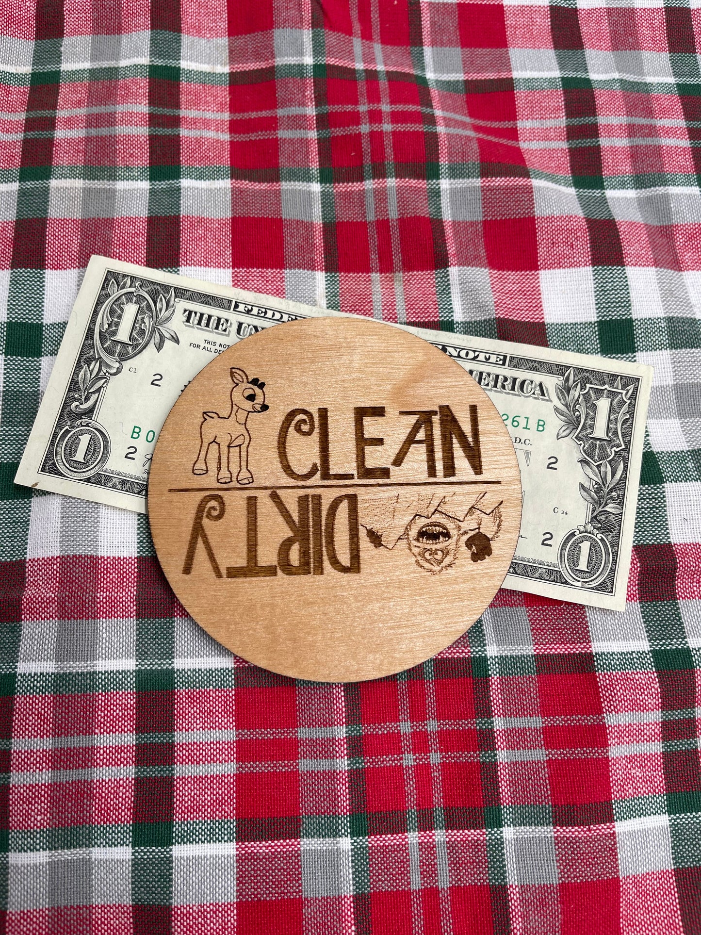 CHRISTMAS DISHWASHER MAGNET - Rudolph the Red Nose Reindeer & Bumble - Holiday Clean Dirty Wood Magnet