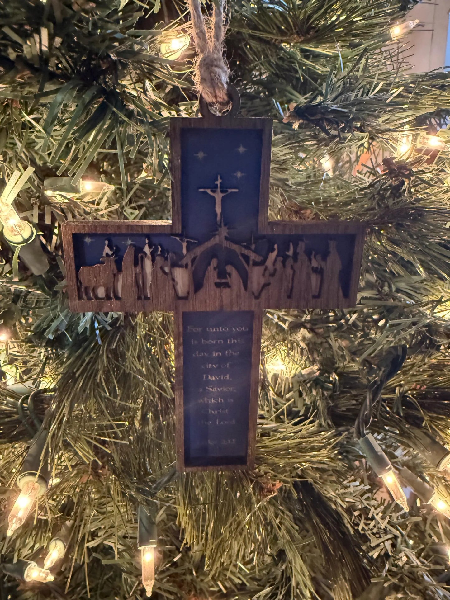 Nativity Cross Scripture with Cross in Background 3 layers dimensional Christmas Ornament - Religious Luke 2:11