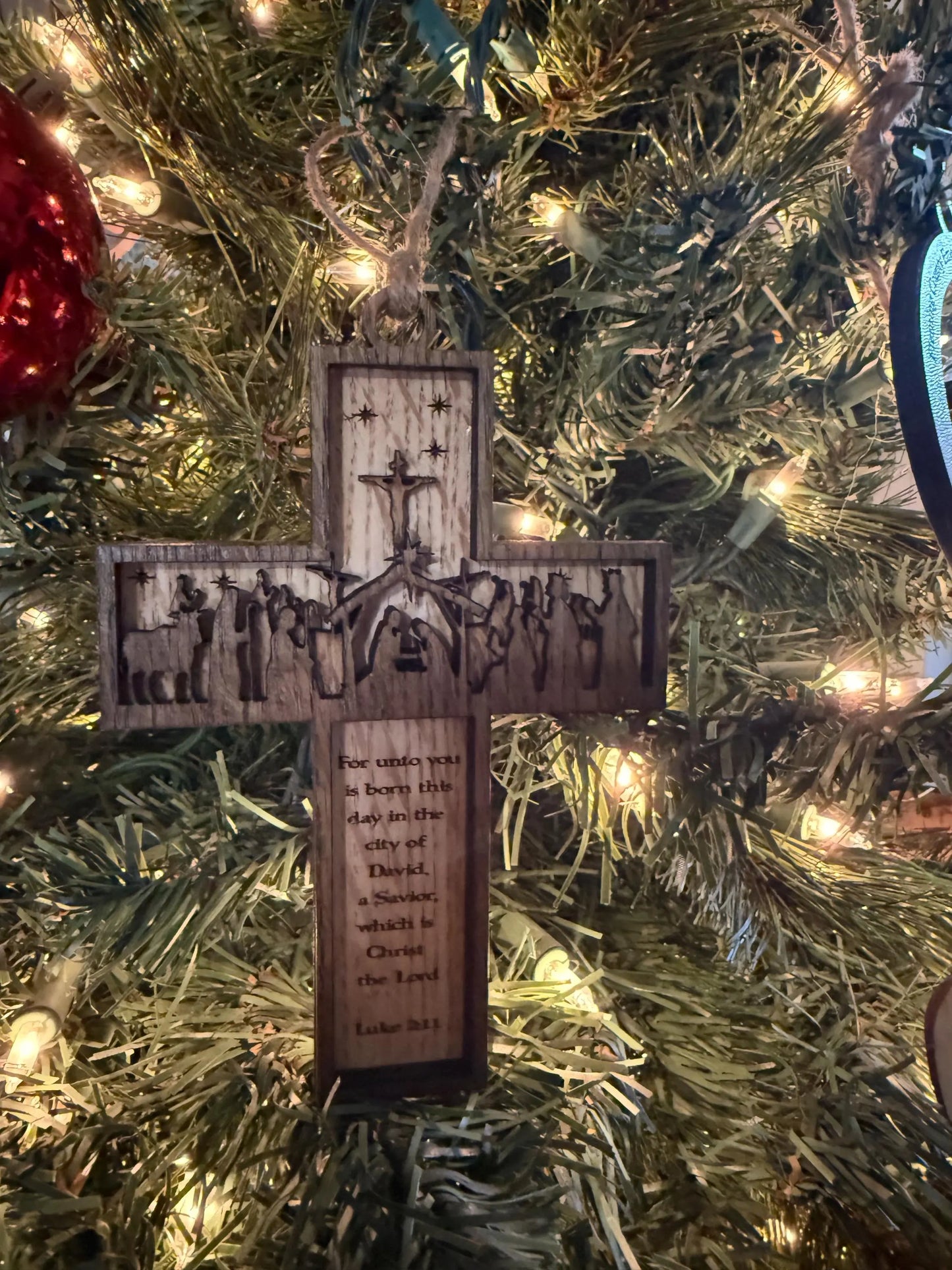 Nativity Cross Scripture with Cross in Background Natural finish 3 layers dimensional Christmas Ornament - Religious Luke 2:11