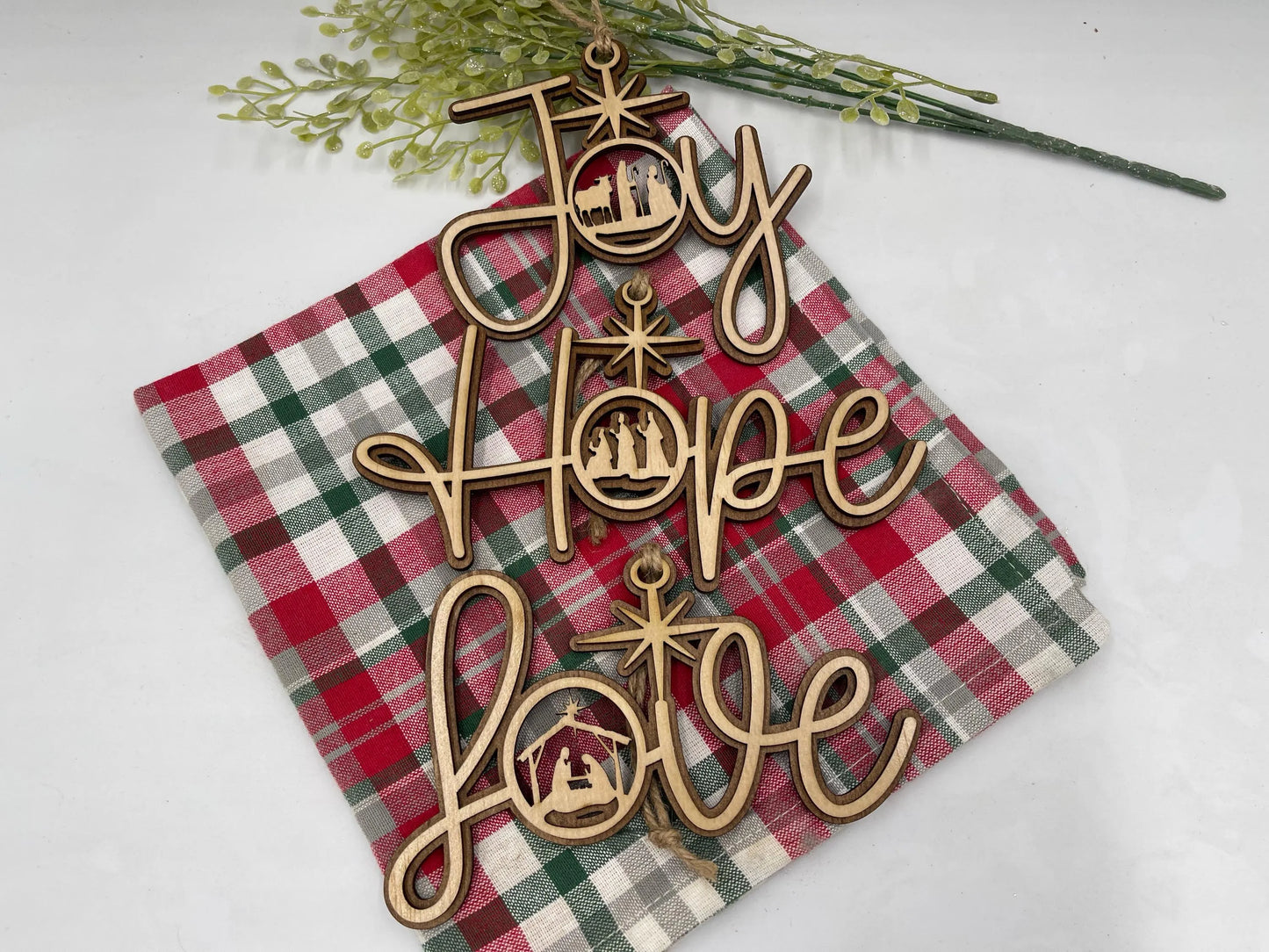Nativity Christmas Story Wood Religious Christmas Ornament: Love, Hope, Joy