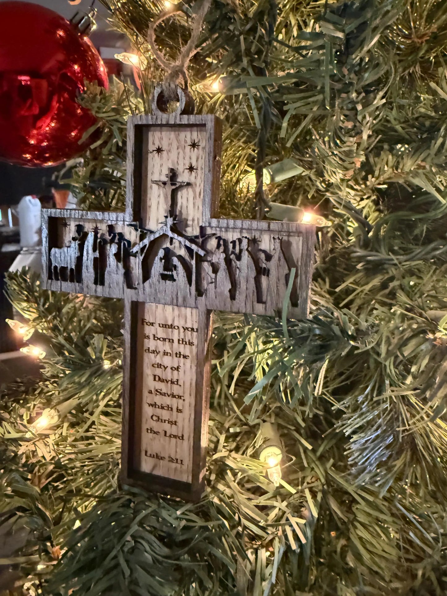 Nativity Cross Scripture with Cross in Background Natural finish 3 layers dimensional Christmas Ornament - Religious Luke 2:11