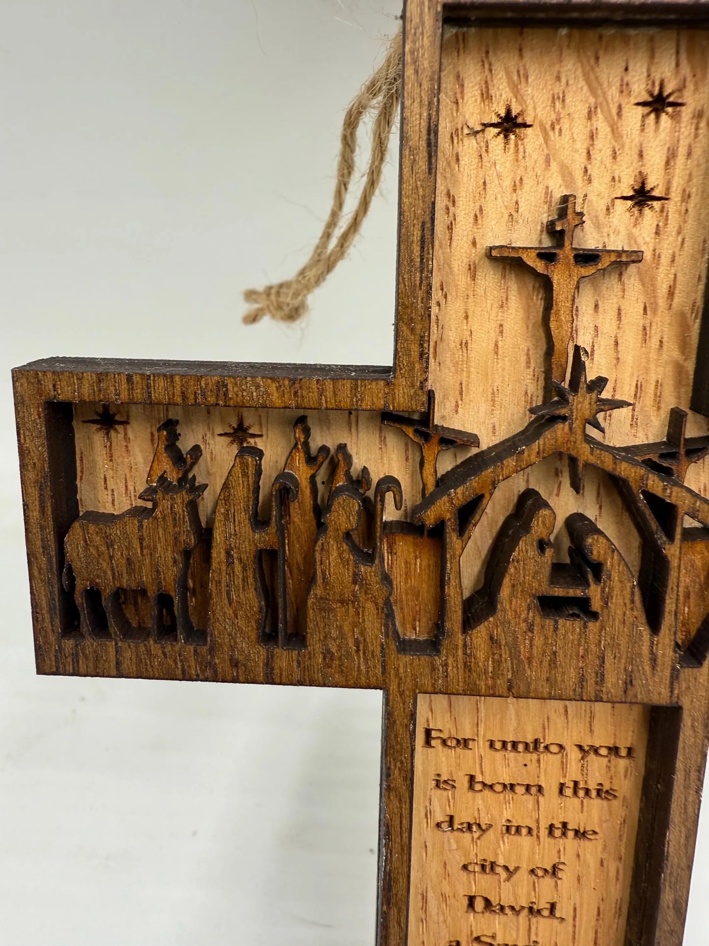 Nativity Cross Scripture with Cross in Background Natural finish 3 layers dimensional Christmas Ornament - Religious Luke 2:11