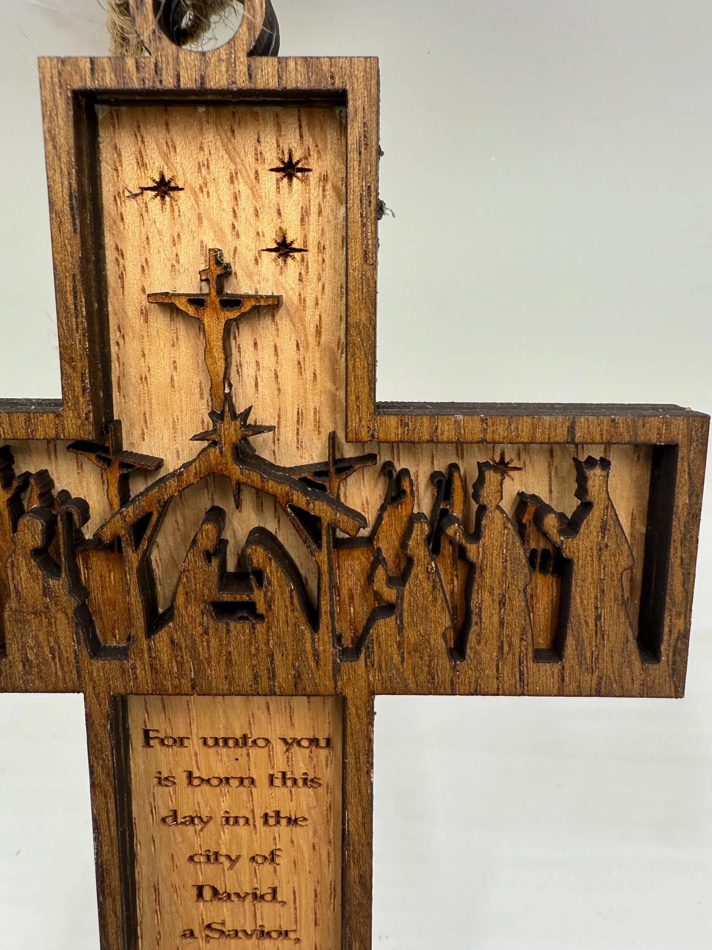 Nativity Cross Scripture with Cross in Background Natural finish 3 layers dimensional Christmas Ornament - Religious Luke 2:11