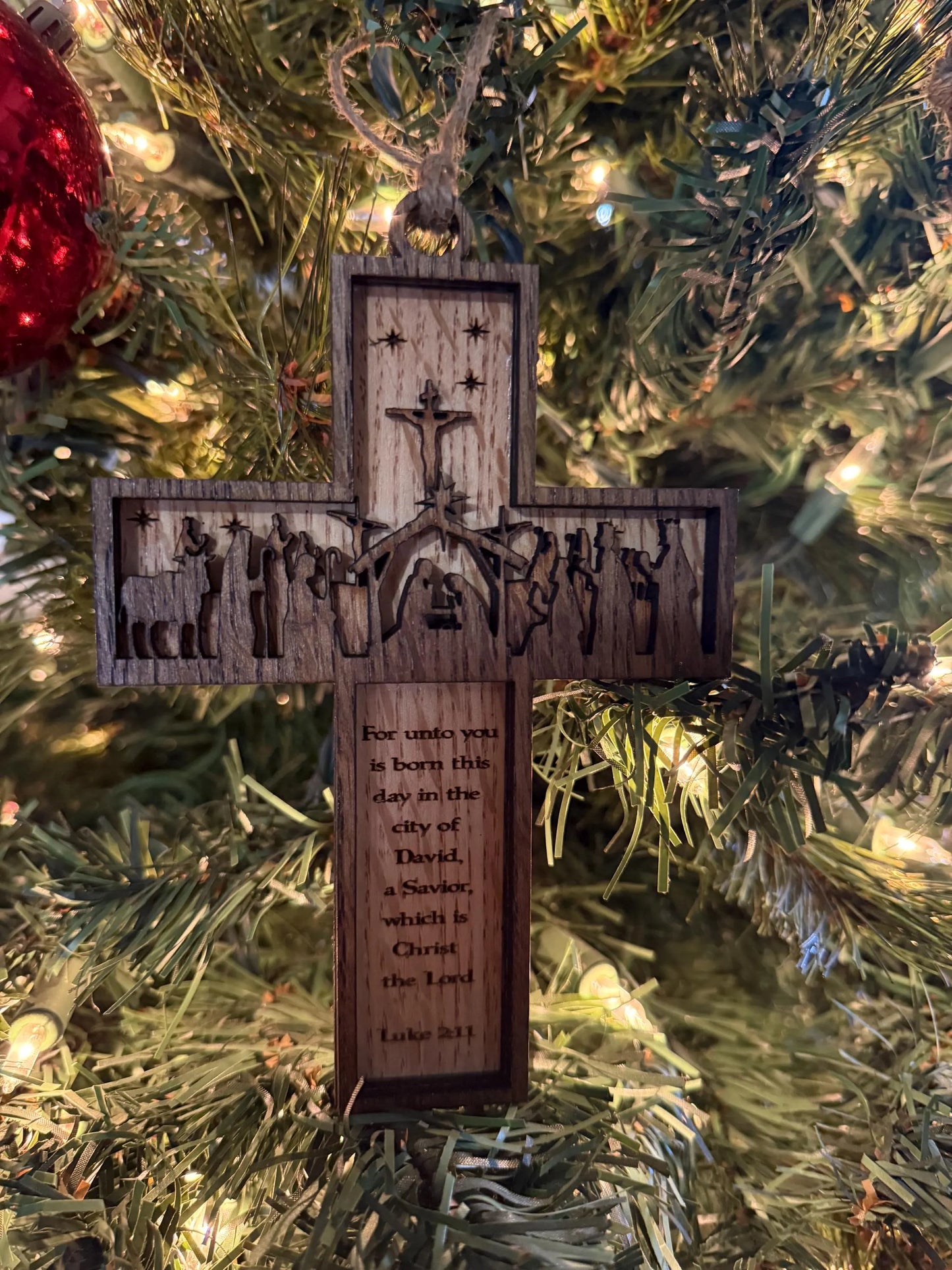 Nativity Cross Scripture with Cross in Background Natural finish 3 layers dimensional Christmas Ornament - Religious Luke 2:11