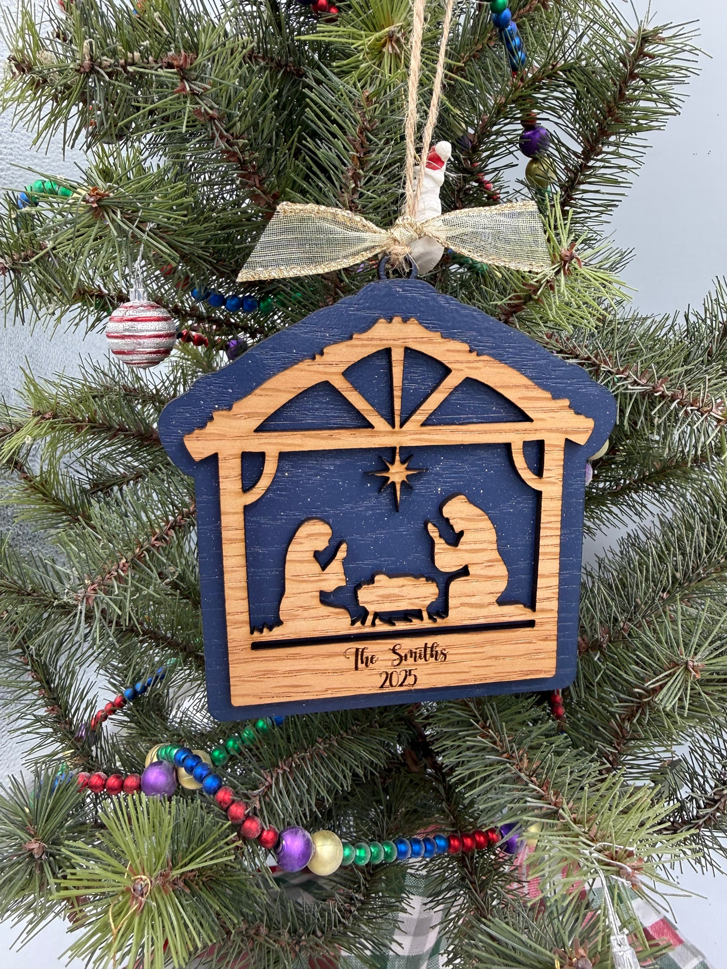 Personalized Nativity Manger Scene Christmas Ornament Rustic Wood  Religious Christian Tree Decoration Baby Jesus Family Keepsake Gift