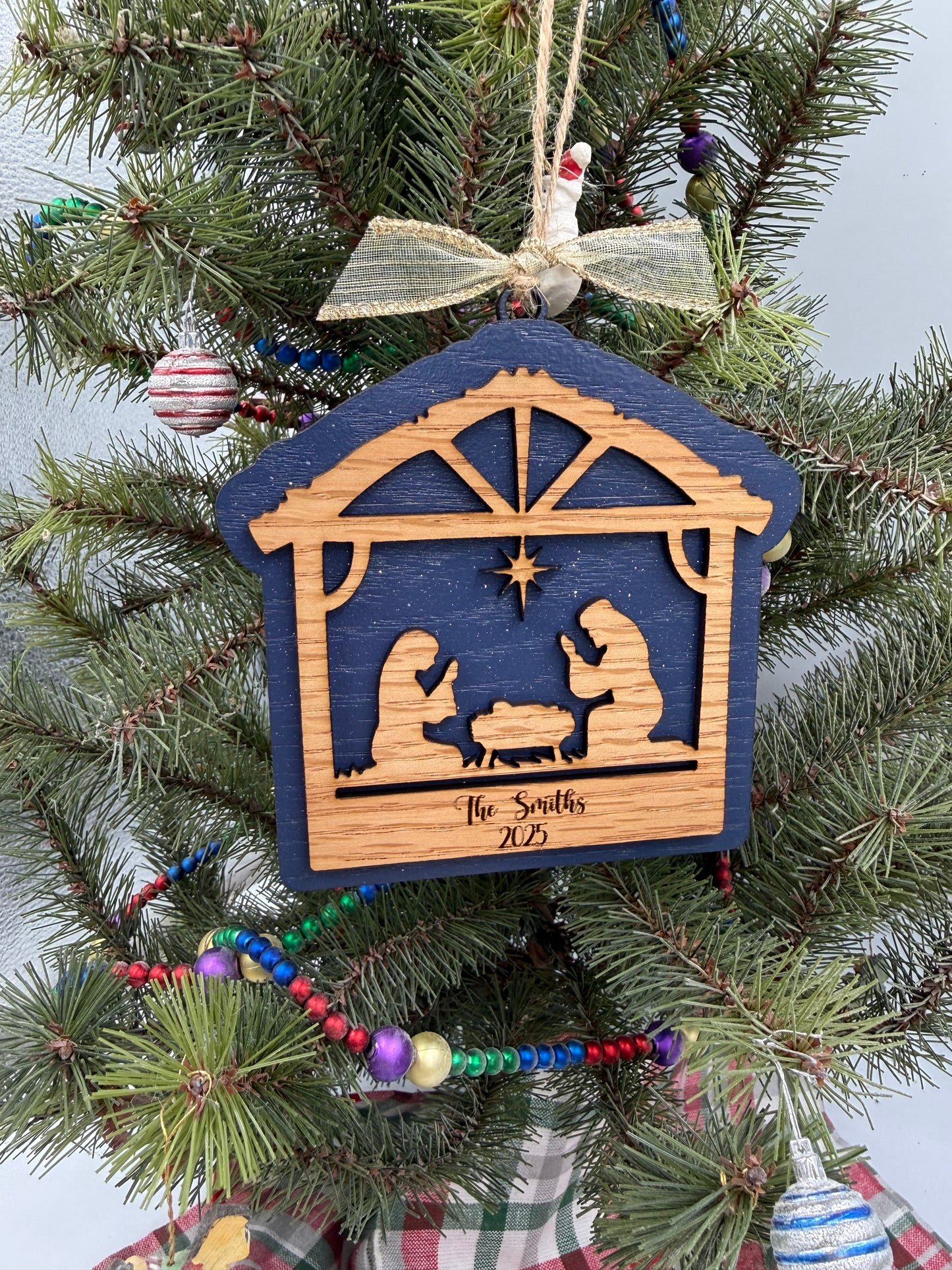 Personalized Nativity Manger Scene Christmas Ornament Rustic Wood  Religious Christian Tree Decoration Baby Jesus Family Keepsake Gift