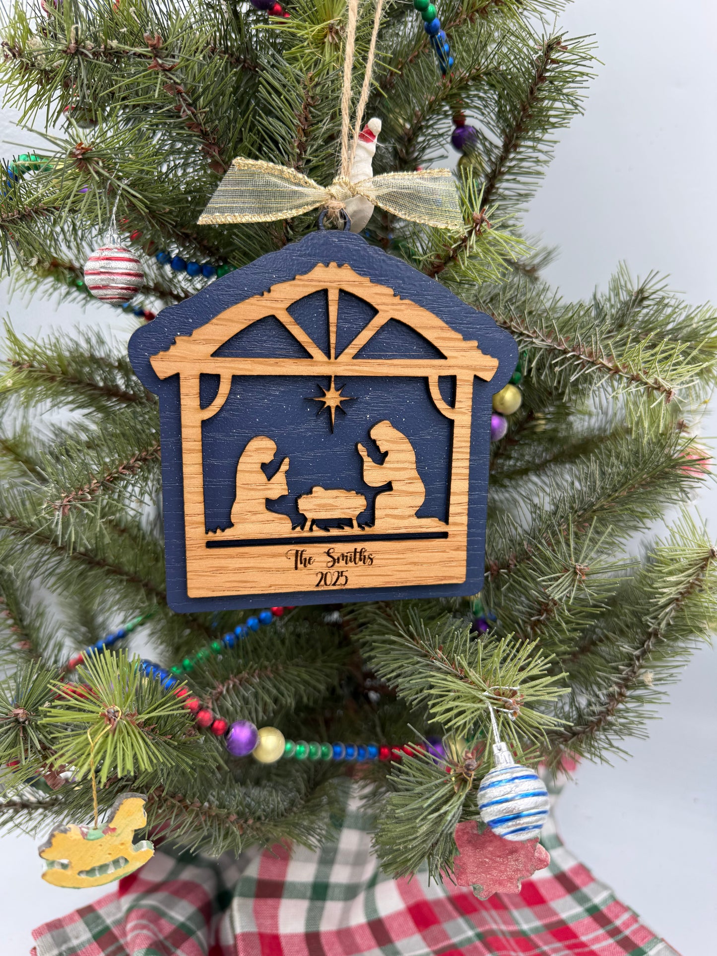 Personalized Nativity Manger Scene Christmas Ornament Rustic Wood  Religious Christian Tree Decoration Baby Jesus Family Keepsake Gift