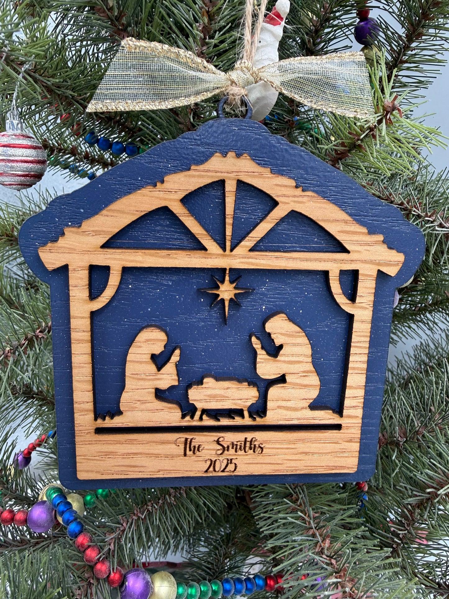 Personalized Nativity Manger Scene Christmas Ornament Rustic Wood  Religious Christian Tree Decoration Baby Jesus Family Keepsake Gift