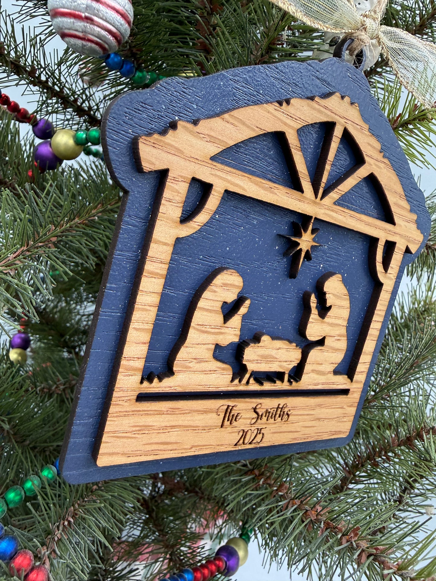 Personalized Nativity Manger Scene Christmas Ornament Rustic Wood  Religious Christian Tree Decoration Baby Jesus Family Keepsake Gift