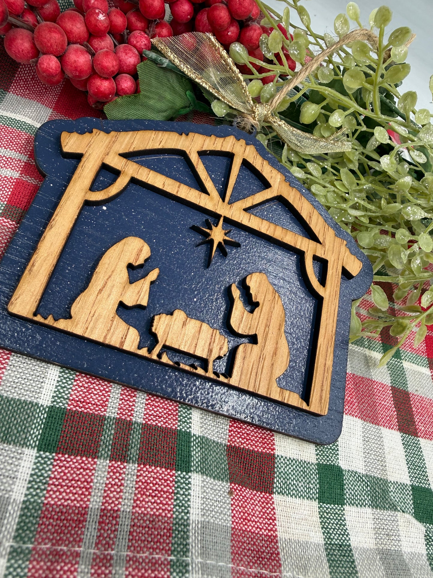 Nativity Manger Scene Christmas Ornament Rustic Wood  Religious Christian Tree Decoration Baby Jesus Family Keepsake Gift