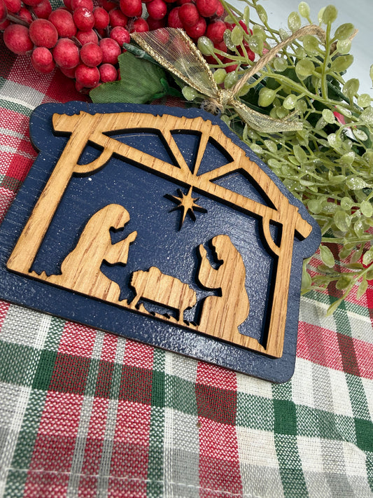 Nativity Manger Scene Christmas Ornament Rustic Wood  Religious Christian Tree Decoration Baby Jesus Family Keepsake Gift