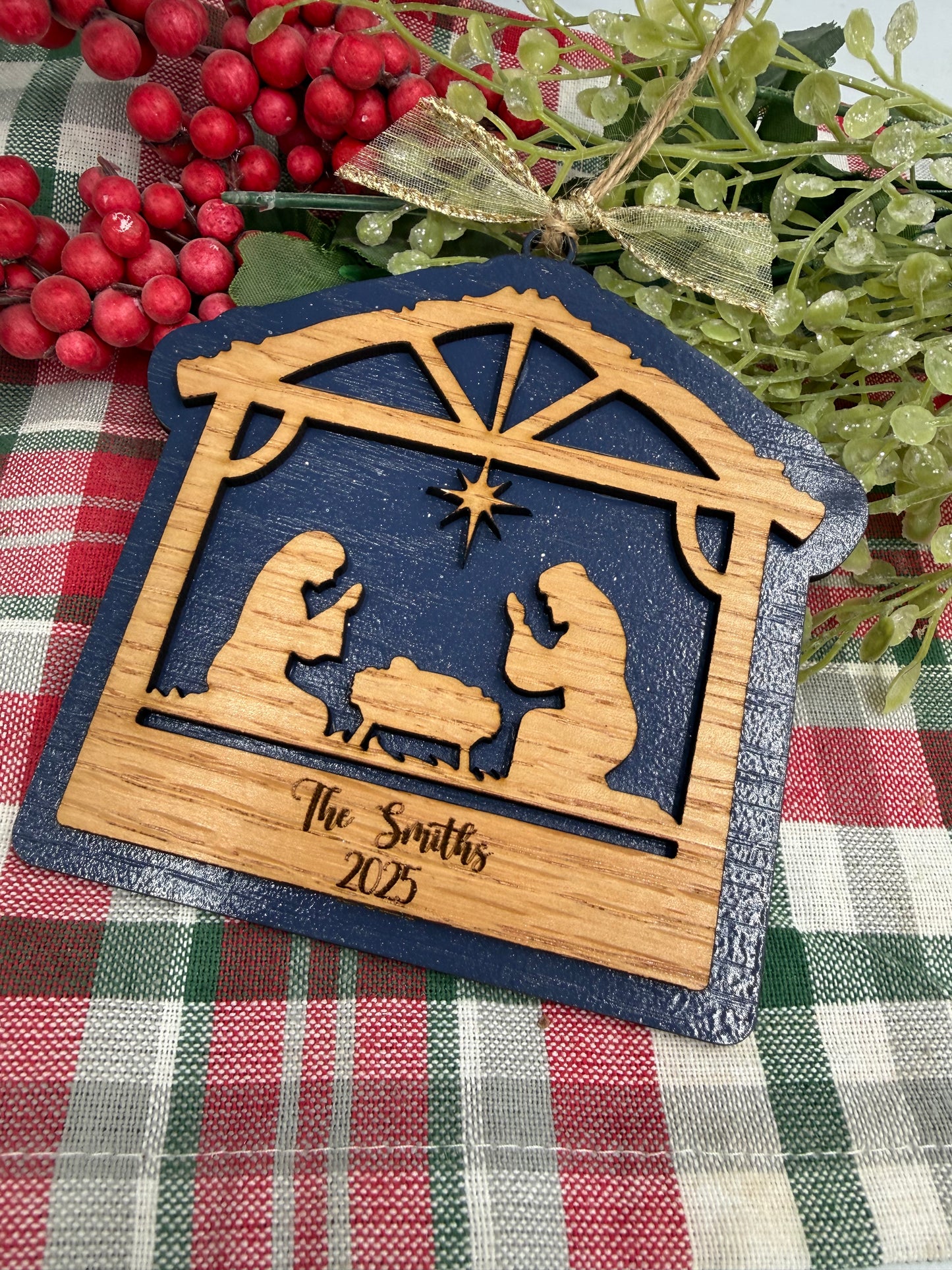Personalized Nativity Manger Scene Christmas Ornament Rustic Wood  Religious Christian Tree Decoration Baby Jesus Family Keepsake Gift