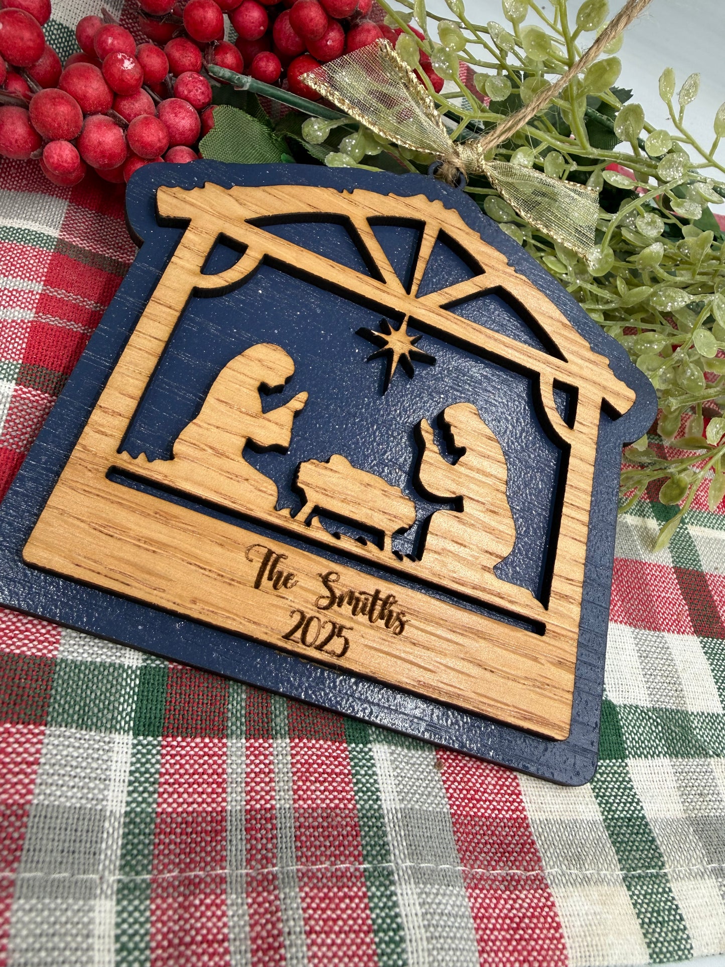 Personalized Nativity Manger Scene Christmas Ornament Rustic Wood  Religious Christian Tree Decoration Baby Jesus Family Keepsake Gift